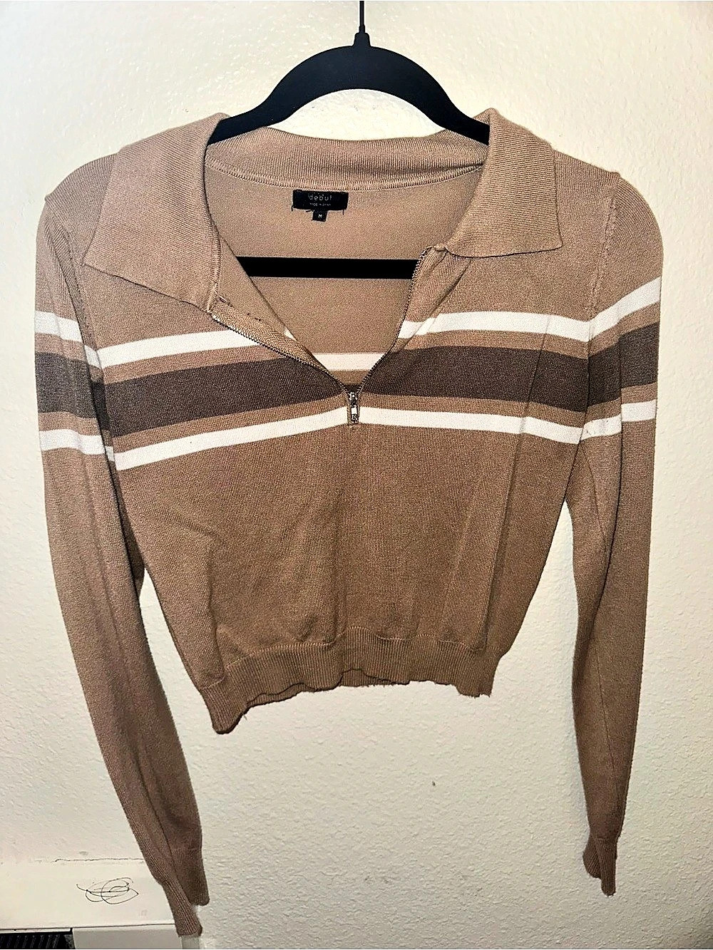 debut Striped Cropped Pullover in Brown & White Size Medium